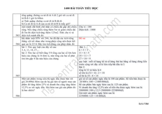 1400 BÀI TOÁN TIỂU HỌC
SƯU TẦM
tổng quãng đường ca nô đi từ A đi 2 giờ với ca nô đi
từ B đi 1 giờ là 60km.
a) Tính quãng đường ca nô đi từ B đã đi
b) Ca nô đi từ A đi sau ca nô đi từ B là mấy giờ?
583
một mảnh đất hình chữ nhật có chiều dài gấp dôi chiều
rộng. Nếu tăng chiều rộng thêm 5m và giảm chiều dài
đi 5m thì diện tích tăng thêm 125m2. Tính chu vi và
diện tích mảnh đất đó.
Chu vi : 180
Diện tích : 1800
584
khi nhân một STN với 246, An đã đặt các tích riêng
thẳng cột với nhau như trong phép cộng nên được kết
quả sai là 2214. Hãy tìm tích đúng của phép nhân đó
Đề sai
585
bài 1: Tìm quy luật của dãy số sau:
3, 6, 11, 18, 27,...
bài 2: Tìm hai số biết rằng 5/8 tổng của hai số lớn hơn
hiệu của chúng là 16 đơn vị, nửa tổng của hai số phải
tìm lớn gấp 8 lần nửa hiệu của chúng
Bài 1:
6 = 3 + 3
11 = 6 + 5
18 = 11 + 7
27 = 18 + 9
quy luật : mỗi số hạng kể từ số hàng thứ hai bằng số hàng đứng liền
trước cộng với dãy số lẻ liên tiếp bắt đầu từ 3.
Bài 2:
tổng là 32 và hiệu là 4
số lớn là (32 + 4) : 2 = 18
số bé là 18 - 4 = 14
586
Một sản phẩm trong siêu thị ngày đầu được bán với
giá 20.000d. Hôm sau do hạ giá nên số người mua sản
phẩm đó tăng thêm 25% và doanh thu cũng tăng thêm
12,5% so với ngày đầu. Hỏi hôm sau giá sản phẩm đó
là bao nhiêu?
giả sử số sản phẩm ngày đầu là 100 sản phẩm. Số tiền bán được là:
20 000 x 100 = 2 000 000(đ).
Số sản phẩm bán ngày hôm sau là: 125 sản phẩm.
Ví doanh thu tăng 12,5% nên số tiền thu được ngày hôm sau là:
2000000: 100 x 12,5+2000000=2250000(đ).
Giá một sản phẩm ngày hôm sau là:
2250000: 125 = 18 000(đ).
 