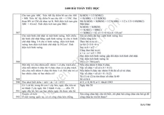 1400 BÀI TOÁN TIỂU HỌC
SƯU TẦM
587
Cho tam giác ABC. Trên AB lấy điểm M sao cho AM
= MB. Trên AC lấy điểm N sao cho AN = 1/3NC. Hai
đoạn BN và CM cắt nhau tại K. Biết diện tích tam giác
ABC = 42cm2. Tính diện tích tam giác BKC.
S(AKN) = 1/3 S(NKC)
=>S(ABK) = 1/3 S(BCK)
Mà S(AKM) = S(BKM) = 1/2 S(ABK) = 1/2 x 1/3=1/6S(BKC)
Mặt khác:
S(AKM) = S(BKM)
=> S(AKC) = SBKC)
=> S(BKC) = 42 :(1+1+6+6) x 6 =18 cm2
588
Cho một hình chữ nhật và một hình vuông, biết chiều
dài hình chữ nhật bằng cạnh hình vuông và chu vi hình
chữ nhật bằng 3/4 chu vi hình vuông, diện tích hình
vuông hơn diện tích hình chữ nhật là 392cm2. Tính
diện tích hình vuông.
Giả sử chiều dài hay cạnh hình vuông là a
Chiều rộng là b
Theo bài ra ta có:
(a+b)×2=3/4 ×4×a
Suy ra b = a/2
Cũng theo bài ta có:
a × a – a × a/2 = 392
Hay diện tích hình vuông gấp đôi diện tích hình chữ nhật.
Vậy diện tích hình vuông là:
392 x 2= 784 (cm²)
589
Một nhà trẻ chia nhóm,mỗi nhóm 1 cô phụ trách.nếu
chia mỗi nhóm 6 cháu thì 4 cháu chưa có ai phụ trách.
nếu chia mỗi nhóm 8 cháu thì thừa 1 cô. Hỏi nhà trẻ có
bao nhiêu cháu và bao nhiêu cô?
Nếu chia nhóm 6 thừa 4 cháu.
Vậy số cháu = số cô x 6 + 4 (1)
Nếu thêm 8 cháu vào nhóm 8 thì đủ số cô và cháu.
Vậy số cháu = số cô × 8 - 8 (2)
Từ (1) và (2) ta tìm được số cháu là 40
Số cô là 6
590 Tìm abcd biết dcba + dcb + dc + d = 4321 d=3, c=8, B=9, a=1. Abcd=1983
591
Có 1 cái hồ, trong đó con 1 cây bèo, ngày đầu tiên nó
nở thành 2 cây ngày thứ 2 thành 4 cây..........đến 59
ngày đầy hồ, hỏi sao bao nhiêu ngày thì được nữa hồ
Ngày thứ 58
592
Truyện cổ tích:
Ở một vương quốc nọ, có cô công chúa kén chồng.
Xin công chúa hãy cho tôi biết...tôi phải hỏi công chúa câu hỏi gì để
công chúa ko trả lời được?
 