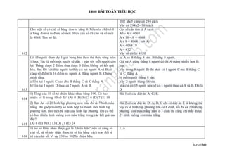 1400 BÀI TOÁN TIỂU HỌC
SƯU TẦM
TH2 abc5 cũng có 294 cách
Vậy có 294x2= 588cách
612
Cho một số có chữ số hàng đơn vị bằng 0. Nếu xóa chữ số 0
ở hàng đơn vị ta được số mới. Hiệu của số đã cho và số mới
là 4068. Tìm số đó.
Gọi số cần tìm là A tacó:
A0 - A = 4068
A x 10 - A = 4068
A x 9 = 4068 ( bớt A)
A = 4068 : 9
A = 452
Vậy số đó là: 4520
613
Có 15 người tham dự 1 giải bóng bàn theo thể thức vòng tròn
1 lượt. Tức là mỗi một người sẽ đấu 1 trận với mỗi người còn
lại. Thắng được 2 điểm, thua được 0 điểm, không có kết quả
hòa. Sau khi kết thúc người ta thấy có hai người A và B có
cùng số điểm là 16 điểm và người A thắng người B. Chứng
minh rằng:
a)Tồn tại 1 người C sao cho B thắng C và C thắng A.
b)Tồn tại 1 người D thua cả 2 người A và B.
a, A và B thắng 8 ván. B thắng 8 người.
Giả sử A cũng thắng 8 người đó thì A thắng nhiều hơn B:
loại.
Vậy trong 8 người đó thì phải có 1 người C mà B thắng C
và C thắng A
b) mỗi người thắng 8 ván.
Vậy 2 người thắng 16 ván.
Mà chỉ có 15 người nên sẽ có 1 người thua cả A và B. Đó là
D
614
1) Tổng của 10 số tự nhiên khác nhau bằng 100. Có bao
nhiêu số lẻ trong 10 sô đó? (A) 0 (B) 3 (C) 6 (D) 7 (E) 10
Bài 1 có các đáp án A; C; E.
615
2) Bạn An có 20 hình lập phương con mầu đỏ và 7 hinh mầu
trắng. An ghép toàn bộ số hinh hộp lai thành môt hinh lâp
phương lớn. Hỏi trên bề mặt của hinh lâp phương lớn có thể
có bao nhiêu hinh vuông con mầu trắng trong các kêt quả sau
đây?
(A) 6 (B) 9 (C) 13 (D) 21 (E) 24
Bài 2 có các đáp án D; A; B; C chỉ có đáp án E là không thể
xảy ra vì hình lập phương lớn có 8 đỉnh, tối đa cả 7 hình lập
phương con màu trắng nằm ở 7 đỉnh thì cũng chỉ thấy được
21 hình vuông con màu trắng.
616
1) hai sô khác nhau được gọi là "chiến hữu" nếu có cùng số
chữ số, và số này nhận được từ sô kia bằng cách tráo đôi vị
trí các chữ số. Vi dụ 230 va 302 là chiến hữu.
1. A
 