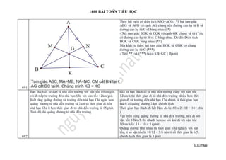 1400 BÀI TOÁN TIỂU HỌC
SƯU TẦM
691
Theo bài ra ta có diện tích ABG=ACG; Vì hai tam giác
ABG và ACG có cạnh AG chung nên đường cao hạ từ B và
đường cao hạ từ C sẽ bằng nhau ( *)
- Xét tam giác BGK và CGK có cạnh GK chung và từ (*) ta
có đường cao hạ từ B và C bằng nhau. Do đó: Diện tích
BGK và CGK bằng nhau (**)
Mặt khác ta thấy: hai tam giác BGK và CGK có chung
đường cao hạ từ G (***)
- Từ ( **) và (***) ta có KB=KC ( đpcm)
692
Bạn Bách đi xe đạp từ nhà đến trường với vận tốc 10km/giờ,
rồi đi tiếp từ trường đến nhà bạn Chi với vận tốc 12km/giờ.
Biết rằng quãng đường từ trường đến nhà bạn Chi ngắn hơn
quãng đường từ nhà đến trường là 2km và thời gian đi đến
nhà bạn Chi ít hơn thời gian đi từ nhà đến trường là 15 phút.
Tính độ dài quãng đường từ nhà đến trường
Giả sử bạn Bách đi từ nhà đến trường cũng với vận tốc
12km/h thì thời gian đi từ nhà đẻn trường nhiều hơn thời
gian đi từ trường đến nhà bạn Chi chính là thời gian bạn
Bách đi quãng đường 2 km chênh lệch.
Thời gian bạn Bách đi hết 2km đó là: 60 x 2 : 12 = 10 ( phút
)
Vậy trên cùng quãng đường từ nhà đến trường, nếu đi với
vận tốc 12km/h thì nhanh hơn so với khi đi với vận tốc
10km/h là: 15 - 10 = 5 (phút)
Quãng đường như nhau thì thời gian tỉ lệ nghịch với vận
tốc, tỉ số vận tốc là 10/12 = 5/6 nên tỉ số thời gian là 6/5,
chênh lệch thời gian là 5 phút
 