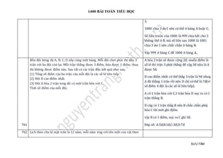 1400 BÀI TOÁN TIỂU HỌC
SƯU TẦM
3.
1000 chia 3 dư1 nên có thể ở hàng A hoặc C.
Số liền trước của 1000 là 999 chia hết cho 3
không thể ở B, mà số liền sau 1000 là 1001
chia 3 dư 1 nên chắc chắn ở hàng B.
Vậy 999 ở hàng C để 1000 ở hàng A..
761
Bốn đội bóng đá A; B; C; D xếp cùng một bảng. Mỗi đội chơi phải thi đấu 3
trận với ba đội còn lại. Mỗi trận thắng được 3 điểm, hòa được 1 điểm, thua
thì không được điểm nào. Sau tất cả các trận đấu kết quả như sau;
(1) Tổng số điểm của ba trận của mỗi đội là các số lẻ liên tiếp.
(2) Đội D cao điểm nhất.
(3) Đội A hòa 2 trận tong đó có một trận hòa với C.
Tính số điểm của mỗi đội.
A hòa 2 trạn sẽ được cọng 2đ, muón điẻm là
só lẻ thì trạn 3 phải tháng đẻ cọg 3đ nữ a là A
được 5đ.
D cao điẻm nhát có thẻ thág 3 trạn là 9đ nhưg
A đã tháng 1 trạn ròi nen D chỉ có thẻ là 7đ(vì
só điẻm 4 đọi là các só lẻ lien tiép).
A có 1 trạn hòa vớ i C,1 trạn hòa D suy ra có 1
trạn tháng B.
D cũg có 1 trạn thág B nen B chác chán phảj
hòa C thì mớ i ghi đjẻm.
vạy B có 1 điẻm, suy ra C ghi 3đ.
Đáp só: A:5đ,B:1đ,C:3đ,D:7đ
762 Lịch theo chu kì mặt trăn là 12 năm. mỗi năm ứng với tên một con vật theo
 