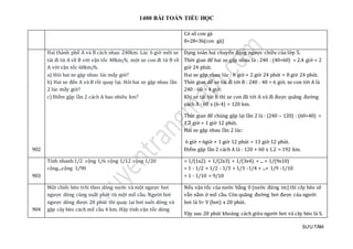 1400 BÀI TOÁN TIỂU HỌC
SƯU TẦM
Có số con gà
8+28=36(con gà)
902
Hai thành phố A và B cách nhau 240km. Lúc 6 giờ môt xe
tải đi từ A về B với vận tốc 40km/h, một xe con đi từ B về
A với vận tốc 60km/h.
a) Hỏi hai xe gặp nhau lúc mấy giờ?
b) Hai xe đến A và B rồi quay lại. Hỏi hai xe gặp nhau lần
2 lúc mấy giờ?
c) Điểm gặp lần 2 cách A bao nhiêu km?
Dạng toán hai chuyển động ngược chiều của lớp 5.
Thời gian để hai xe gặp nhau là : 240 : (40+60) = 2.4 giờ = 2
giờ 24 phút.
Hai xe gặp nhau lúc : 6 giờ + 2 giờ 24 phút = 8 giờ 24 phút.
Thời gian để xe tải đi tới B : 240 : 40 = 6 giờ, xe con tới A là
240 : 60 = 4 giờ.
Khi xe tải tới B thì xe con đã tới A và đi được quãng đường
cách A : 60 x (6-4) = 120 km.
Thời gian để chúng gặp lại lần 2 là : (240 – 120) : (60+40) =
1.2 giờ = 1 giờ 12 phút.
Hai xe gặp nhau lần 2 lúc:
6 giờ + 6giờ + 1 giờ 12 phút = 13 giờ 12 phút.
Điểm gặp lần 2 cách A là : 120 + 60 x 1.2 = 192 km.
903
Tính nhanh:1/2 cọng 1/6 cọng 1/12 cọng 1/20
cọng....cọng 1/90
= 1/(1x2) + 1/(2x3) + 1/(3x4) + ... + 1/(9x10)
= 1 - 1/2 + 1/2 - 1/3 + 1/3 -1/4 + ...+ 1/9 -1/10
= 1 - 1/10 = 9/10
904
Một chiếc bèo trôi theo dòng nước và một ngược bơi
ngược dòng cùng xuất phát từ một mố cầu. Người bơi
ngược dòng được 20 phút thì quay lại bơi xuôi dòng và
gặp cây bèo cách mố cầu 4 km. Hãy tính vận tốc dòng
Nếu vận tốc của nước bằng 0 (nước đứng im) thì cây bèo sẽ
vẫn nằm ở mố cầu. Còn quãng đường bơi được của người
bơi là S= V (bơi) x 20 phút.
Vậy sau 20 phút khoảng cách giữa người bơi và cây bèo là S.
 
