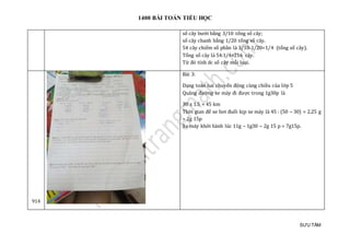 1400 BÀI TOÁN TIỂU HỌC
SƯU TẦM
số cây bưởi bằng 3/10 tổng số cây;
số cây chanh bằng 1/20 tổng số cây.
54 cây chiếm số phần là 3/10-1/20=1/4 (tổng số cây).
Tổng số cây là 54:1/4=216 cây.
Từ đó tính dc số cây mỗi loại.
914
Bài 3:
Dạng toán hai chuyển động cùng chiều của lớp 5
Quãng đường xe máy đi được trong 1g30p là
30 x 1.5 = 45 km
Thời gian để xe hơi đuổi kịp xe máy là 45 : (50 – 30) = 2.25 g
= 2g 15p
Xe máy khởi hành lúc 11g – 1g30 – 2g 15 p = 7g15p.
 