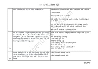 1400 BÀI TOÁN TIỂU HỌC
SƯU TẦM
nước chảy biết vận tốc của người bơi không đổi quãng đường bơi được cũng bị trôi theo đúng như cây bèo.
Do đó 25 phút .
Khoảng cách người và bèo là S,.
Vậy khi bơi theo xuôi dòng người bơi cũng cần có thời gian
là 25 phút .
Vậy thời gian kể từ lúc xuất phát cho đến khi gặp nhau là
25+25=50 phút hay 5/6 giờ. 5/6 giờ cây bèo trôi 5km.
Vậy vận tốc nước là; 5:5/6= 6 (km/giờ).
927
Hai đội công nhân cùng trồng rừng trên một quả đồi. Đội
thứ nhất trồng được 3/8 diện tích quả đồi, đội thứ hai
trồng được 2/5 diện tích quả đồi. Diện tích của đội thứ
nhất trồng được ít hơn của đội thứ hai là 90m2. Tìm diện
tích rừng mỗi đội đã trồng được?
Phân số chỉ diện tích rừng đội thứ nhất trồng ít hơn đội thứ
hai
2/5-3/8=1/40( quả đồi)
Diện tích cả quả đồi
90:1/40=3600( m2)
Diện tích rừng đội thứ nhất trồng được
3600x3/8=1350( m2)
Diện tích rừng đội thứ hai trồng được
1350+90=1440( m2)
928
Tìm số lẻ có bốn chữ số, biết chữ số hàng chục gấp 3 lần
chữ số hàng đơn vị, chữ số hàng trăm gấp 2 lần chữ số
hàng chục và chữ số hàng nghìn gấp 4 lần chữ số hàng
đơn vị.
Hàng chục gấp 3 hàng đơn vị.
Hàng trăm gấp 2 hàng chục.
 