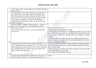 1400 BÀI TOÁN TIỂU HỌC
SƯU TẦM
1l sữa nặng 1,03kg ; 1l nước nặng 1kg. Hỏi thùng chứa bao
nhiêu lít sữa ?
13
Có 4 quả trứng vịt và 2 quả trứng gà. Có 1 cái xoong mỗi
lần chỉ đun được tối đa 4 quả trứng. Biết rằng thời gian
luộc chín trứng vịt là 6 phút và trứng gà là 2 phút. Trình
bày cách luộc chín 6 quả trứng trên trong thời gian ít nhất
có thể. (giả sử sự giãn đoạn trong khi luộc không ảnh
hưởng đến quá trình chín của trứng, chỉ cần đủ thời gian
luộc là trứng chín)
14
Hình thoi ABCD có độ dài 2 đường chéo AC = 30 cm và
BD = 12 cm,có cạnh AD = 10 cm.tính chiều cao BH ?
15
1/a+1/b+1/c+1/d=1
Hỏi có thể tìm được các số a, b, c, d là lẻ thoả mãn điều
kiên trên ko?
Ta có 1/a+1/b+1/c+1/d = 1,
Tương đương bcd+acd+abd+abc = abcd.
Trong tập hợp số tự nhiên N có 1 số tính chất sau đây: Tổng của 2 số lẻ
là 1 số chẵn; tổng của 1 số lẻ và 1 số chẵn là số lẻ; tích của 2 số lẻ là 1
số lẻ; tích của 2 số chẵn là 1 số chẵn; tích của 1 số chẵn và 1 số lẻ là 1
số chẵn.
Từ các tính chất trên ta thấy: Giả sử a, b, c, d đều lẻ thì lúc đó ta có:
abcd lẻ, bcd lẻ, acd lẻ, abd lẻ, abc lẻ, bcd+acd+abd+abc chẵn. Vậy suy
ra a, b, c, d không thể cũng lẻ
16
Một người đem bán dưa hấu ,lần thứ nhất bán được 1/2 số
dưa và cộng thêm nửa quả ,lần thứ 2 bán 1/2 số dưa còn lại
cũng cộng thêm nửa quả ,lần thứ 3 thứ 4 và thứ 5 cũng như
vậy và bán đến lần thứ 6 thì hết số dưa. Hỏi người đó đã
bán tất cả bao nhiêu quả dưa ?
Nếu như lần thứ 6 bán hết thì rõ ràng sau lần thứ 5 số dưa còn lại là 1
quả. Do đó lần thứ 6 bán hết ½ quả dưa cộng nửa quả nữa tức là bán
hết 1 quả( hết luôn)
Từ đó suy ngược lại sau lần 4 còn 3 quả, sau lần 3 còn 7 quả, sau lần 2
còn 15 quả, sau lần 1 còn 31 quả.
Vậy số dưa lúc đầu (đã bán) là 63 quả
17
Cho tam giác ABC.Biết AM=1/2MB, BN=1/2NC, CP=1/2
PA.MC cắt AN tại điểm E, AN cắt BP tại điểm F,MC cắt
6 cm2
 