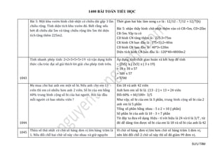 1400 BÀI TOÁN TIỂU HỌC
SƯU TẦM
Bài 5: Mọt khu vườ n hình chữ nhạ t có chièu dài gáp 3 làn
chièu rọng. Tính diẹn tích khu vườ n đó. Biét ràng néu
bớ t đi chièu dài 5m và tang chièu rọng len 5m thì diẹn
tích tang them 225m2.
Thờ i gian hai bác làm xong c.v là : 12/12 : 7/12 = 12/7(h)
Bài 5: nhạn tháy hình chữ nhạt them vào có CR=5m, CD=2làn
CR-5m. Vạy ta có
CD hình CN tang them là : 225:3=75m
CR hình CN ban đàu là : (75+5):2=40m
CD hình CN ban đàu là : 40*3=120m
Diẹn tích hình CN ban đàu là : 120*40=4800m2
1043
Tính nhanh phép tính: 2×2×3×5×5×19 và vận dụng kiến
thức cấu trúc đại số giả thích lời giải cho phép tính trên.
Áp dụng tính chất giao hoán và kết hợp để tính
= (2x5) x ( 2x5) x ( 3 x 19)
= 10 x 10 x 57
= 100 x 57
= 5700
1044
Mẹ mua cho hai anh em một số bi. Nếu anh cho em 13
viên thì em có nhiều hơn anh 2 viên. Số bi của em bằng
60% trung bình cộng số bi của hai người. Hỏi lúc đầu
mỗi người có bao nhiêu viên ?
Em 18 và anh 42 viên
Anh hơn em số bi là : (13 -2 ) + 13 = 24 viên
Đổi 60% = 60/100= 3/5
Như vậy, số bi của em là 3 phần, trung bình cộng số bi của 2
anh em là 5 phần
Tổng số phần bằng nhau : 5 x 2 = 10 ( phần)
Số phần bi của anh là 10 - 3 = 7 phần
Từ đây ta đưa về dạng Hiệu - tỉ với hiệu là 24 và tỉ là 3/7 , từ
đó dễ dàng tìm được số bi của em là 18 và số bi của anh là 42
1045
Thừa số thứ nhất có chữ số hàng đơn vị lớn hàng trăm là
1. Nếu đổi chỗ hai chữ số này cho nhau và giữ nguyên
Vì chữ số hàng đơn vị lớn hơn chữ số hàng trăm 1 đơn vị,
nên khi đổi chỗ 2 chữ số này thì số đó giảm 99 đơn vị.
 