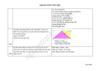 1400 BÀI TOÁN TIỂU HỌC
SƯU TẦM
lại " thì cách giải là
Lúc 8 h40 quãng đường còn lại ô Tô phải đi
1-1/3=2/3( quãng đường AB)
Quãng đường ô Tô đi thêm
2/3x1/5=2/15( quãng đường )
Quãng đường ô Tô còn phải đi
1-1/3-2/15=8/15( quãng đường AB)
Quãng đường AB dài
64:8/15=120( km)
1093
cho hình chữ nhật ABCD có DC =20cm,BC =15cm vsf
điểm M là trung điểm của cạnh AB .đoạn thẳng DB cắt
MC tại điểm O.tính:
a.diện tích AMCD
b.diện tích tam giác DOC
1094
khi thực hiện phép trừ một số có 5 chữ số cho số có 3
chữ số ,do sơ xuất nên một học sinh đã đặt tính như sau(
như hình vẽ)....Hãy so sánh hiệu đúng và hiệu sai của
phép tính đó
Hiệu đúng = abcde - mnp
Hiệu sai = abcde - 10 x mnp
Hiệu đúng hơn hiệu sai 9 lần mnp
 