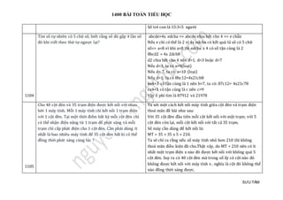 1400 BÀI TOÁN TIỂU HỌC
SƯU TẦM
Số trẻ con là 15:3=5 người
1104
Tìm số tự nhiên có 5 chữ số, biết rằng số đó gấp 4 lần số
đó khi viết theo thứ tự ngược lại?
abcde=4x edcba => abcde chia hết cho 4 => e chẵn
Nếu e chỉ có thể là 2 vì 4x edcba có kết quả là số có 5 chữ
số=> a=8 vì khi a=8 thì edcba x 4 có số tận cùng là 2
8bcd2 = 4x 2dcb8
d2 chia hết cho 4 nên d=1, d=3 hoặc d=7
Nếu d=3, ta có a=9(loại)
Nếu d= 7, ta có: a=10 (loại)
Nếu d=1, ta có 8bc12=4x21cb8
bx4+3 có tận cùng là 1 nên b=7, ta có: 87c12= 4x21c78
cx4+3 có tận cùng là c nên c=9
Vậy ố phỉ tìm là 87912 và 21978
1105
Cho 40 cột đèn và 35 trạm điện được kết nối với nhau
bởi 1 máy tính. Mỗi 1 máy tính chỉ kết nối 1 trạm điện
với 1 cột đèn. Tại một thời điểm bất kỳ mỗi cột đèn chỉ
có thể nhận điện năng từ 1 trạm để phát sáng và mỗi
trạm chỉ cấp phát điện cho 1 cột đèn. Cần phải dùng ít
nhất là bao nhiêu máy tính để 35 cột đèn bất kì có thể
đồng thời phát sáng cùng lúc ?
Ta xét một cách kết nối máy tính giữa cột đèn và trạm điện
thoả mãn đề bài như sau:
Với 35 cột đèn đầu tiên mỗi cột kết nối với một trạm; với 5
cột đèn còn lại, mỗi cột kết nối với tất cả 35 trạm.
Số máy cần dùng để kết nối là:
MT = 35 + 35 x 5 = 210.
Ta sẽ chỉ ra rằng nếu số máy tính nhỏ hơn 210 thì không
thoả mãn điều kiện đã cho.Thật vậy, do MT < 210 nên có ít
nhất một trạm điện x nào đó được kết nối với không quá 5
cột đèn. Suy ra có 40 cột đèn mà trong số ấy có cột nào đó
không được kết nối với máy tính x , nghĩa là cột đó không thể
nào đồng thời sáng được.
 