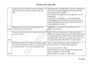 1400 BÀI TOÁN TIỂU HỌC
SƯU TẦM
các phòng và một số cửa thông ra ngoài. Mỗi phòng có số
chẵn cửa. CMR số cửa thông ra bên ngoài cũng là số
chẵn.
thông phòng (do cửa thông phòng là chung của 2 phòng nên
tính số cửa của riêng từng phòng sau đó cộng lại thì cửa
thông phòng được tính 2 lần).
Số cửa thông ra bên ngoài = số cửa của ngôi nhà – số cửa
thông phòng
= tổng số cửa của các phòng – 2 x số cửa thông phòng
Vì mỗi phòng có số cửa là số chẵn nên tổng số cửa của các
phòng là số chẵn vậy số cửa thông ra bên ngoài cũng là số
chẵn vì là hiệu của 2 số chẵn
1189
Dùng thuạt toán ơclit tim ướ c chung lớ n nhát và bọi
chung nhỏ nhát cua 3500 và 126.
3500:126=27 dư 98 126:98=1 dư 28 98:28=3 dư 14
28:14=2 vậy, ucln là 14.
1190
Cho dãy số: 0;1;2;3...;2014;2015. Hỏi dãy số đó có tất cả
bao nhiêu chữ số 1 ?
từ 000 - 999 có 1000 số; mỗi số có 3 chữ số nên có tất cả
3000 chữ số. Mà các số độc lập nên mỗi số lặp 300 lần nên số
1 cũng lặp lại 300 lần; từ 1000 - 1999 số 1 lặp lại 1000 lần +
300 lần. từ 2000 - 2015 số 1 lặp lại 8 lần nên số chữ số 1 có
trong dãy trên là 300 + 1000 + 300 + 8 = 1608 chữ số 1
1191
Một bài kiểm tra gồm 10 câu. Mỗi câu có 2 đáp án Đúng
hoặc Sai. Hỏi cần ít nhất bao nhiêu học sinh làm bài kiểm
tra để luôn tìm được 2 bạn có bài làm giống hệt nhau.
Một 1 câu hỏi có 2 khả năng về đáp án là Đúng - Sai
Vì vậy 10 câu hỏi sẽ có số khả năng về đáp án là:
2 x 2 x 2....x 2 ( 10 số 2 ) = 1024
Để chắc chắn luôn có 2 bạn cùng đáp án thì số bạn ít nhất
phải hơn số đáp án có thể có là 1 bạn
Số bạn ít nhất cần có: 1024 + 1 = 1025 ( bạn )
 