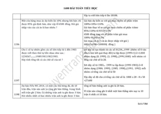 1400 BÀI TOÁN TIỂU HỌC
SƯU TẦM
Vậy ta viết liên tiếp 6 lần 18108.
1196
Một cửa hàng mua áo dự kiến lãi 10% nhưng khi bán chỉ
được 85% giá định bán, như vậy lỗ 6500 đồng. Hỏi giá
nhập vào của cái áo là bao nhiêu ?
Giá bán dự kiến so với giá mua chiếm số phần trăm
100%+10%=110%
Giá bán thực tế so với giá mua chiếm số phần trămr
85%:110%=0,935=93,5%
6500 đồng ứng với số phần trăm giá mua
100%-93,5%=6,5%
Giá mua cái áo ( cái áo được nhập với giá )
600:6,5x100=100000( đồng )
1197
Cho 1 số tự nhiên gồm các số liên tiếp từ 1 đến 1983
được viết theo thứ tự liền nhau như sau :
1234567..........1980198119821983.
Hãy tính tổng tất cả các chữ số của nó ?
xét dãy số tạo thành từ các số 01234....1999 (thêm số 0 vào
đầu k làm kết quả thay đổi) ta lập được (1999+1):2=1.000
nhóm dạng (0; 1999), (1; 1998)....(999,1000) mỗi nhóm có
tồng các chữ số là 28.
Xét dãy số từ 1983.... 1999 ta lập được (1999-1983):2=8
nhóm dạng (1984; 1999), (1985; 1998)...(1991, 1992) mỗi
nhóm có tổng các chữ số là 50
Vậy dãy số đã cho có tổng các chữ số là: 1000 x 28 - 8 x 50
=27.600
1198
Dự báo FiFa WC 2014, có một cầu thủ bóng đá, đá 10
trận đấu, trận nào anh ta cũng ghi bàn thắng, trung bình
mỗi trận ghi 2 bàn. Có những trận anh ta ghi được 3 bàn.
Hỏi nhiều nhất có bao nhiêu trận anh ta ghi được 3 bàn
tổng số bàn thắng anh ta ghi là 20 bàn.
Vì trận nào cũng ghi ít nhất một bàn thắng nên suy ra 10
trận ít nhất có 10 bàn.
 