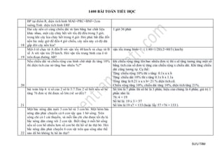 1400 BÀI TOÁN TIỂU HỌC
SƯU TẦM
BP tại điểm R, diện tích hình MAE=PRC=BNF=2cm
vuông.Tính diện tích hình ERF
18
Hai cây nến có cùng chiều dài và làm bằng hai chất liệu
khác nhau, một cây cháy hết với tốc độ đều trong 3 giờ,
trong khi cây kia cháy hết trong 4 giờ. Hỏi phải bắt đầu đốt
nến lúc mấy giờ để đến 4 giờ chiều, cây nến này có độ dài
gấp đôi cây nến kia?
1 giờ 36 phút
19
Một ô tô chạy từ A đến B với vận tốc 40 km/h và chạy từ B
về A với vận tóc 20 km/h. Hỏi vận tốc trung bình của ô tô
trên đoạn đường AB?
vận tốc trung bình=1: ( 1/40+1/20):2=80/3 ( km/h)
20
Nếu chiều dài và chiều rộng của hình chữ nhật đc tăng 10%
thì diện tích của nó tăng bao nhiêu %?"
khi chiều rộng tăng lên bao nhiêu đơn vị thì s sẽ tăng tương ứng một số
bằng tích của số đơn vị tăng của chiều rộng x chiều dài. Khi tăng chiều
dài cũng tương tự. Cụ thể:
Tăng chiều rộng 10% thì s tăng: 0.1x a x b
Tăng chiều dài 10% thì s tăng 0.1x b x 1.1a
Tổng tăng là 0.21 x a x b= 21 % diện tích cũ.
Chiều rộng tăng 10%, chiều dài tăng 10%, diện tích tăng 21%.
21
bài toán lớp 4: tỉ số của 2 số là 3:7.Tìm 2 số biết nếu số bé
tăng 76 đơn vị thì được số lớn (vẽ sơ đồ) ?
Số lớn là 7 phần thì số bé là 3 phần; hiệu của chúng là 4 phần; giá trị 1
phần nhỏ là:
76: 4 = 19
Số bé là: 19 x 3 = 57
Số lớn là 19 x7 = 133 (hoặc lấy 57 +76 = 133 )
22
Một bác nông dân nuôi 3 con hổ và 3 con bò. Một hôm bác
nông dân phải chuyển cả 6 con vậy qua 1 bờ sông. Trên
sông chỉ có 1 cái thuyền, và mỗi lần chỉ cho được tối đa là
bắc nông dân cùng với 2 con vật. Biết rằng ở mỗi bờ sống
nếu số con hổ nhiều hơn số con bò thì hổ sẽ ăn thịt bò. Hỏi
bắc nông dân phải chuyển 6 con vật trên qua sông như thế
nào để bò không bị hổ ăn thịt?
 