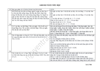 1400 BÀI TOÁN TIỂU HỌC
SƯU TẦM
23 Rút gọn phân số:122436123636/316239319393 12/31
24
Để đo độ sâu của một cái hang người ta gập sợi dây làm 3
và thả một đầu xuống hang, khi đầu dây dưới chạm đáy
hang thì đầu dây trên cách miệng hang đúng 1m. Người ta
gập sợi dây làm đôi và cũng thả một đầu dây xuống hang
khi đầu dây dưới chạm đáy hang thì đầu trên thừa một đoạn
dài 5m. Hỏi hang sâu bao nhiêu?
Khi gấp sợi dây làm 3 thì độ dài sợi dây chỉ còn bằng 1/3 sợi dây ban
đầu.
Khi gấp sợi dây làm 2 thì độ dài sợi dây chỉ còn bằng 1/2 sợi dây ban
đầu.
1/2 sợi dây dài hơn 1/3 sợi dây là: 1 + 5 = 6 (m)
Phân số chỉ 6 mét là: 1/2 - 1/3 = 1/6 (sợi dây)
Sợi dây đó dài là: 6: 1/6 = 36 (m)
Độ sâu của hang là: 36 : 3 + 1 = 13 (m)
25
Có 2 sợi dây, sợi dài bằng 2 lần sợi ngắn. Cắt đi mỗi sợi 1
đoạn bằng 6cm. Thì sợi dài có độ dài bằng 3 lần sợi ngắn.
Hỏi độ dài mỗi sợi ban đầu?
Khi cắt mỗi đoạn đi 6cm thì đoạn dài bằng 3 lần đoạn ngắn. như vậy
đoạn ngắn 1 phần, đoạn dài 3 phần. thêm vào mỗi đoạn 1 phần ta được
đoạn ngắn = 2 phần. đoạn dài 4 phần.
Mà theo đề bài thì đoạn dài = 2 lần đoạn ngắn. nên đoạn thêm vào là
6cm => đoạn thêm vào = 6cm = đoạn ngắn => đoạn dài
26
Hai số thập phân có tổng là 15,83. Nếu dời dấu phẩy cảu số
bé sang bên phải một chữ số rồi trừ đi số lớn thì đc 0,12.
Tìm 2 số đó.
Khi số bé được đổi dấu phẩy sang một chữ số thì tức là nó đã được gấp
lên 10 lần.
Ta vẽ sơ đồ gồm 10 lần số bé và số lớn.
Lúc này thấy rằng nếu số lớn thêm vào 0,12 đơn vị thì sẽ được 10 lần
số bé.
Vậy ta sẽ có đô đo thứ hai gồm số bé và số lớn mới (bao gồm số lớn
thêm 0,12 hoặc 10 lần số bé).
Tổng mới lúc này là 15,83 + 0,12 = 15,95.
Số bé là: 15,95 : (10+1) + 1,45
Số lớn là: 15,83 -1,45 = 14,38
27
Với 4 chữ số a, b, 1,2 bạn Thủy viết được 18 số có 3 chữ
số. Khi tính tổng của các số đã viết thì được 6440. Tìm chữ
số a, b.
Vì với 4 chữ số mà chỉ có thể viết nhiều nhất 18 số có 3 chữ số khác
nhau thì 1 trong 4 chữ số đã cho là chữ số 0.
Nếu a = o thì ta có thể lập được 18 số có 3 chữ số khác nhau
Ta nhận thấy các chữ số 1,2,b xuất hiện ở hàng trăm mỗi chữ số đủ 6
lần còn các chữ số 1,2,b xuất hiện ở hàng chục, hàng đơn vị mỗi chữ số
 