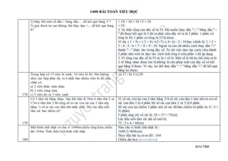 1400 BÀI TOÁN TIỂU HỌC
SƯU TẦM
2) thay đôi môt số dấu + bang dâu - , để kêt quả bang 5 ?
3) giai thich tai sao không thể thay dau +, - để kêt quả bang
0?
= 10 + 10 + 10 +5 + 10
= 55.
2. Ta thấy tổng của dãy số là 55. Mà muốn thay dấu " + " bằng dấu " -
" để được kết quả là 5 thì ta phải chia dãy số ra là 2 phần: 1 phần có
tổng là 30, 1 phần có tổng là 25 là được.
Ví dụ: ( 1 + 9) + ( 2 + 8) +(3+7) -( 4+ 6) - 5 - 10 hay chính là: 1 + 2 +
3 - 4 - 5 - 6 + 7 + 8 + 9 - 10. Ngoài ra còn rất nhiều cách thay dấu "+"
thành " - " khác vào trong dãy số. Ta chỉ việc dựa vào cách chia thành
2 phần như trên và dựa vào cách tính tổng ở trên phần 1 để áp dụng.
3. Vì tổng của dãy số là 55 và là 1 số lẻ. Một số lẻ thì ko thể chia ra là
2 vế bằng nhau được tức là không là cho phép tính của dãy số có kết
quả bằng 0 được. Vì vậy, ko thể thay dấu " + " bằng dấu "-" để kết quả
bằng ko được.
178
Trong hộp có 15 viên bi xanh, 16 viên bi đỏ. Hỏi không
nhìn vào hộp phải lấy ra ít nhất bao nhiêu viên bi để chắc
chắn có:
a) 2 viên khác màu nhau
b) 2 viên cùng màu
c) 5 viên đỏ và 3 viên xanh
a) 17 - b) 3 c) 20
179
Có 3 tấm vải bằng nhau. Sau khi bán đi 38m ở tấm thứ 2 và
17m ở tấm thứ 3 thì tổng số m vải còn lại của 2 tấm này
bằng ¾ số m vải của tấm thứ nhất nhất. Hỏi lúc đầu mỗi
tấm vải bao nhiêu m?
Vì số vải còn lại của 2 tấm bằng 3/4 số vải của tấm 1 nên nếu ta coi số
vải của tấm 1 là 4 phần thì số vải của tấm 2 và 3 là 8 phần.
Số vải còn lại chiếm 3 phần nên số vải đã bán chiếm số phần là: 8 - 3 =
5( phần).
5 phần ứng với số vải là: 38 + 37 = 75(m).
Lúc đầu mỗi tấm vải dài số mét là:
75 : 5 x 4 = 60(m)
180
Một hình chữ nhật có chu vi 1608m chiều rộng kém chiều
dài 164m. Tính diện tích hình chữ nhật.
Nửa chu vi hình chữ nhật là :
1608:2=804(cm)
Theo đầu bài ta có sơ đồ : 164
Chiều dài hcn: |--------|-----|
 