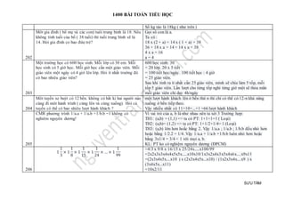 1400 BÀI TOÁN TIỂU HỌC
SƯU TẦM
Số kg táo là 18kg ( như trên )
202
Môt gia đình ( bố mẹ và các con) tuôi trung binh là 18. Nêu
không tính tuổi của bố ( 38 tuổi) thì tuổi trung bình sẽ là
14. Hỏi gia đình co bao đứa trẻ?
Gọi số con là a.
Ta có :
18 x (2 + a) = 14 x ( 1 + a) + 38
36 + 18 x a = 14 + 14 x a + 38
4 x a = 16
a = 4
203
Một trường học có 600 học sinh. Mỗi lớp có 30 em. Mỗi
học sinh có 5 giờ học. Mỗi giờ học cần một giáo viên. Mỗi
giáo viên một ngày có 4 giờ lên lớp. Hỏi ít nhất trường đó
có bao nhiêu giáo viên?
600 học sinh: 30
= 20 lớp. 20 x 5 tiết
= 100 tiết học/ngày. 100 tiết học : 4 giờ
= 25 giáo viên.
Sau khi tính ra ít nhất cần 25 giáo viên, mình sẽ chia làm 5 tốp, mỗi
tốp 5 giáo viên. Lần lượt cho từng tốp nghỉ từng giờ một sẽ thỏa mãn
mỗi giáo viên chỉ dạy 4h/ngày
204
Môt tuyến xe buýt có 12 bến. không có bất ki hai người nào
cùng đi môt hành trình ( cùng lên và cùng xuống). Hỏi cả
tuyến có thể có bao nhiêu lượt hành khách ?
một lượt hành khách lên ở bến thứ n thì chỉ có thể có 12-n khả năng
xuống ở bến tiếp theo.
Vậy nhiều nhất có 11+10+...+1 =66 lượt hành khách
205
CMR phương trình 1/a.a + 1/a.b +1/b.b =1 không có
nghiêm nguyên dương!
Vì vai trò của a, b là như nhau nên ta xét 3 Trường hợp:
TH1: (a,b) = (1,1) => ta có PT: 1+1+1=1 ( Loại)
TH2: (a,b)= (1,2) => ta có PT: 1+1/2+1/4= 1 (Loại)
TH3: (a,b) lớn hơn hoắc bằng 2. Vậy 1/a.a ; 1/a.b ; 1/b.b đều nhỏ hơn
hoặc bằng 1/2.2 = 1/4. Vậy 1/a.a + 1/a.b +1/b.b luôn nhỏ hơn hoặc
bằng 3x1/4 = 3/4 < 1 với mọi a, b.
KL: PT ko có nghiệm nguyên dương (ĐPCM)
206
1
1
3
× 1
1
8
× 1
1
15
× 1
1
24
× … × 1
1
99
=4/3 x 9/8 x 16/15 x 25/24x.....x100/99
=2x2x3x3x4x4x5x5x.....x10x10/1x3x2x4x3x5x4x6x....x9x11
=(2x3x4x5x....x10 ) x (2x3x4x5x...x10) / (1x2x3x4x....x9 ) x
(3x4x5x...x11)
=10x2/11
 