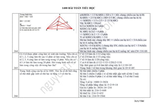 1400 BÀI TOÁN TIỂU HỌC
SƯU TẦM
264
a)S(BED) = 1/3 S(ABD) ( ED x 3 = AD, chung chiều cao hạ từ B)
S(ABD) = 2/5 S(ABC) ( BD=2/5 BC, chung chiều cao hạ từ A)
=> S(BED) = 1/3 x 2/5 = 2/ 15 S(ABC)
Vậy S(ABC) =30cm2
b) Coi S(BED) là 2 phần
S(EDC) là 3 phần
S( ABE) là 2x2 = 4 phần
=> S(BEC) là 2 + 3 = 5 phần
Tỉ số S(BEC)/S(ABE) = 5/4
Mà hai hình này chung đáy BE => chiều cao hạ từ C = 5/4 chiều cao
hạ từ A xuống đáy BE
S(ECN) =5/4 S(AEN) ( chung đáy EN, chiều cao hạ từ C = 5/4chiều
cao hạ từ A xuống đáy EN)
Mà hai hình này chung chiều cao hạ từ E xuống AC nên CN= 5/4 AN
265
Có 4 tổ được phân công làm vệ sinh sân trường. Nếu chỉ có
tổ 1, 2, 3 cùng làm thì sau 12 phút sẽ làm xong. Nếu chỉ có
tổ 2, 3, 4 cùng làm sẽ làm xong trong 15 phút. Nếu chỉ có
tổ 1,4 làm thì làm trong 20 phút. Hỏi trung bình mỗi tổ sẽ
làm xong công việc đó trong bao lâu?
1' tổ 123 làm đc 1/12 công việc.
1' tổ 234 làm đc 1/15 công việc.
1' tổ 14 làm đc 1/20 công việc.
1' cả 4 tổ làm đc (1/12+1/15+1/20):2=1/10.
Vậy thời gian cả 4 tổ làm hết công việc là 1:1/10=10'.
Trung bình 1 tổ làm trong khoảng thời gian là 10×4=40'.
266
Trung bình cộng của ba số là 1008 . Tìm ba số đó biết rằng
số thứ nhất gấp rưỡi số thứ hai và bằng 1/3 số thứ ba .
Số thứ nhất chiếm 3 phần
Số thứ 2 chiếm 2 phần ( vì số thứ nhất gấp rưỡi số thứ 2 mà)
Số thứ 3 chiếm 9 phần ( vì số thứ nhất bằng 1/3 số thứ 3 mà)
Ta có:
Tổng 3 số là : 1008×3=3024
Tổng số phần bằng nhau là: 3+2+9=14
Giá trị 1 phần là : 3024: 14= 216
Số thứ nhất là: 216×3=648
Số thứ2 là : 216×2=432
Số thứ 3 là : 216×9=1944
 