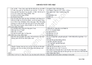1400 BÀI TOÁN TIỂU HỌC
SƯU TẦM
AC và BC = 36m. Trên cạnh AB lấy điểm M sao cho MB =
2/3AB, trên cạnh AC lấy điểm N sao cho NC = 2/3AC và
trên cạnh BC lấy điểm I sao cho BI = 2/3BC. Nối M với N
và N với I được hình thang MNIB. Tính:
a) Diện tích hình thang MNIB
b) Độ dài đoạn MN
1h người 2 làm 1/48 công việc
1h 4 người 1 làm là 1/16 - 1/48 = 1/24 cv.
Vậy người thứ 1 làm 1 mình trong 24h
Bài 2:
a) S(MNBI)=144
b) MN=12
279
Lúc 6h sáng một chiếc tàu thủy chở khách xuôi dòng từ A
đến B rồi nghỉ lại 2h để đón khách, sau đó lại ngược dòng
và về đến A lúc 3h20phut chiều cùng ngày. Hãy tính quãng
đường từ A đến B, biết rằng thời gian đi xuôi dòng nhanh
hơn thời gian đi ngược dòng 40 phút và vận tốc của dòng
nước bằng 50m/phút.
120km
280
Có 40 bánh được đóng vào hộp gồm 2 loại
Mỗi hộp lớn có 3 bánh
Mỗi nhỏ có 2 bánh
Số hộp lớn nhiều gấp 2 số hộp nhỏ
Mỗi loại có bao nhiêu hộp?
2 hộp lớn và 1 hộp nhỏ có số bánh là
3×2 +2= 8 (chiếc bánh)
số cặp là 40:8=5
Số hộp lớn: 5.2=10
Số hộp nhỏ: 5.1=5
281
Khi bán một sản phẩm nếu giảm 10% thì lãi 8%, Hỏi nếu
không giảm thì lãi bao nhiêu phần trăm.
Ta có: ( 0,9giá bán- giá gốc)/giá gốc = 0.08. Biến đổi có giá bán = 1.2
giá gốc.
Lãi suất khi giá bán không đổi là:
( giá bán- giá gốc)/ giá gốc
= ( 1.2 giá gốc- giá gốc)/giá gốc
= 0,2 = 20%
282
Thuyền Trưởng Jack nói với con trai: Nếu lấy ba lần bình
phương tuổi của con thêm 26 thi bằng bình phương tuổi
của bố.
Tuổi bố và con là 100> a > b > 0.
Như vậy thì: a x a = 26 + 3 x b x b.
Do 3xbxb là số chia hết cho 3, mà 26 chia 3 dư 2 nên a x a cũng phải
chia 3 dư 2, nhưng điều này ko bao giờ xảy ra vì axa chỉ có thể chia hết
cho 3 hoặc chia 3 dư 1.
283 Cho 2 số 9 và 11. Hãy tìm số a sao cho đêm mỗi số đã cho Cùng bớt mỗi số đi a đơn vị thì hiệu 2 số ko đổi.
 