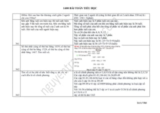 1400 BÀI TOÁN TIỂU HỌC
SƯU TẦM
800m. Hỏi sau bao lâu khoảng cách giữa 2 người
chỉ còn 350m?
Thời gian mà 2 người đi (cũng là thời gian để cả 2 cách nhau 350 m) là :
450 : 150 = 3(phút).
361
Khi anh bằng tuổi em hiện nay thì tuổi anh hiện
nay gấp 5 lần tuổi em trước kia. Khi em bằng tuổi
anh hiện nay thì tổng số tuổi của 2 anh em là 36
tuổi. Hỏi tuổi của mỗi người hiện nay.
Tuổi anh hiện nay là 5 phần tuổi em sau này
Mà tổng số tuổi của anh em khi em bằng tuổi anh hiện nay là 36 tuổi.
Tổng số tuổi phải chia hết cho tổng số phần và số phần của anh phải lớn
hơn phần tuổi của em.
Ta có 36 chia hết cho 4, 6, 9, 12.
Vậy số phần của anh sau này là 7 phần.
Suy ra tuổi em hiện nay là 3 phần
Vậy tuổi em hiện nay là 36 : (5+7)×3=9 (tuổi)
Tuổi anh hiện nay là 36 :(5+7)×5=15 (tuổi)
362
Số thứ nhất cộng số thứ hai bằng 1039, số thứ hai
cộng số thứ ba bằng 1528, số thứ ba cộng số thứ
nhất bằng 1467. Tìm mỗi số.
363
Tìm số có ba chữ số abc biết rằng a, ab, cb, và
cacb đều là số chính phương.
a là số chính phương nên a=1,4,9 b là số tận cùng nên không thể là 2,3,7,8
Các cặp ab,cb gồm 01-81; 04-64;16-36;09-49
Các cặp 01-81, 04-64 bị loại vì các số hàng chục đều không phù hợp với a
chỉ còn 2 cặp 16-36 và 09-49
Với cặp 09-49 a=4 vậy số 0409 không phải chính phương ta loại cặp số
này
Với 16-36 a không thể là 3 vậy a=1 ta có cacb=3136 là số chính phương
a=1 b=6 c=3
vậy số đó là abc=163
 