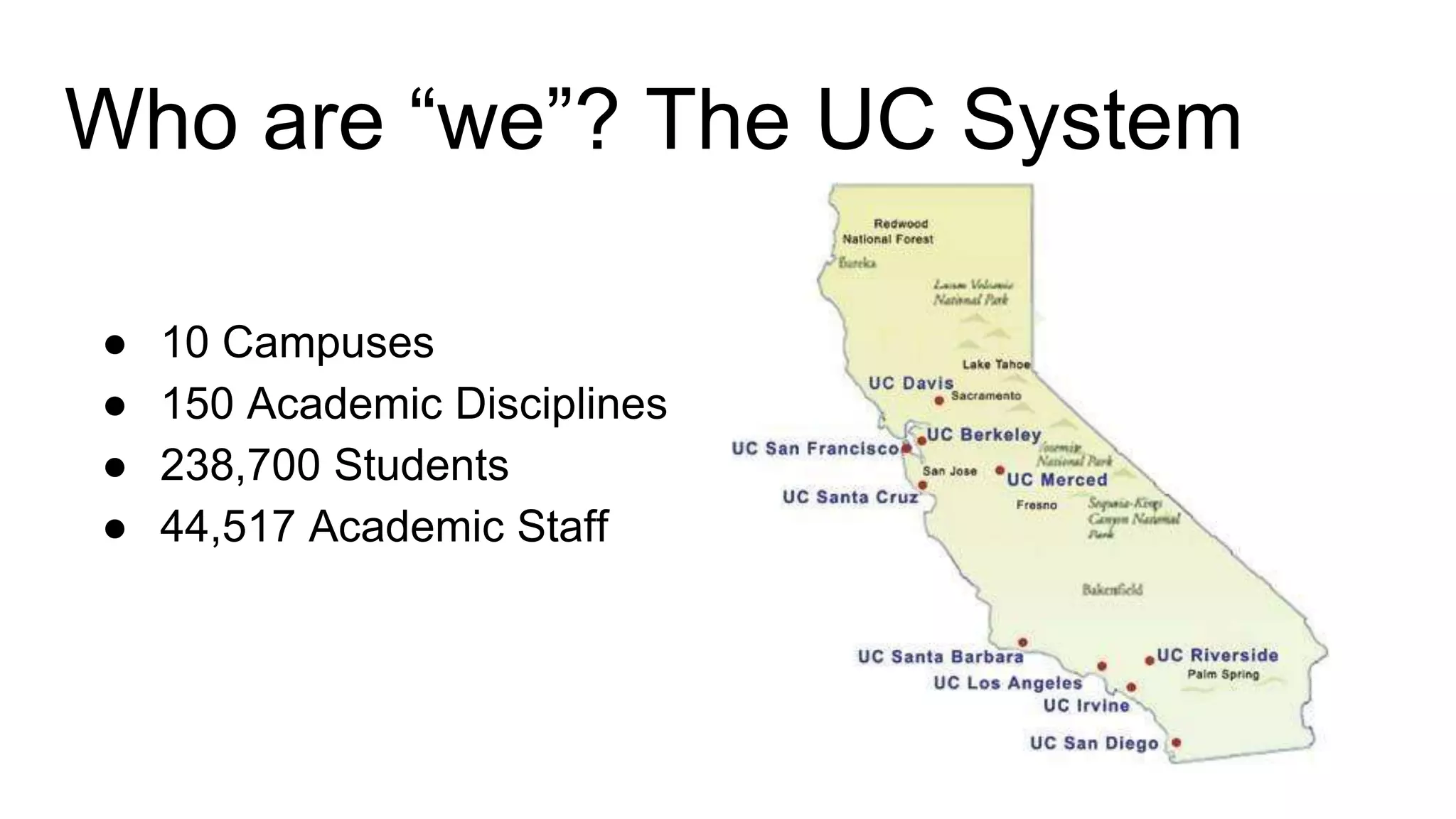 ● 10 Campuses
● 150 Academic Disciplines
● 238,700 Students
● 44,517 Academic Staff
Who are “we”? The UC System
 