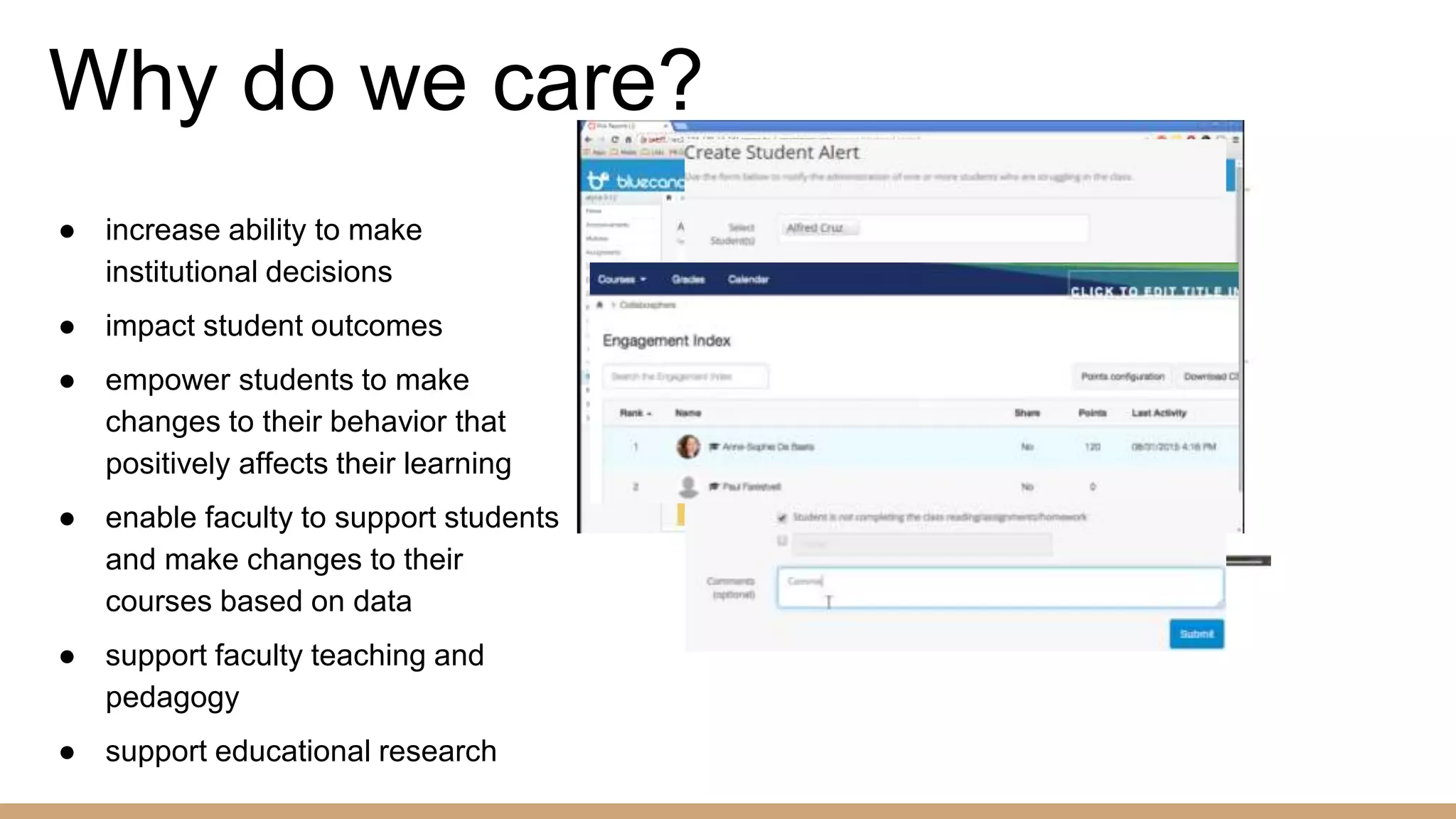 ● increase ability to make
institutional decisions
● impact student outcomes
● empower students to make
changes to their behavior that
positively affects their learning
● enable faculty to support students
and make changes to their
courses based on data
● support faculty teaching and
pedagogy
● support educational research
Why do we care?
 