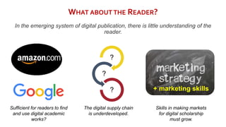 WHAT ABOUT THE READER?
In the emerging system of digital publication, there is little understanding of the
reader.
Sufficient for readers to find
and use digital academic
works?
?
?
?
The digital supply chain
is underdeveloped.
Skills in making markets
for digital scholarship
must grow.
+ marketing skills
 