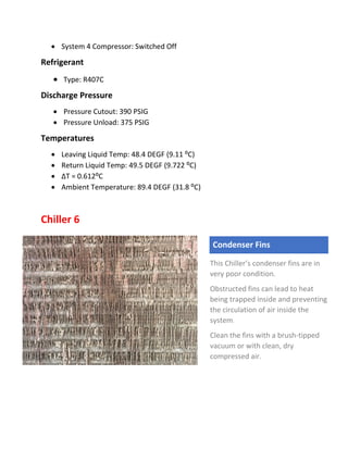  System 4 Compressor: Switched Off
Refrigerant
 Type: R407C
Discharge Pressure
 Pressure Cutout: 390 PSIG
 Pressure Unload: 375 PSIG
Temperatures
 Leaving Liquid Temp: 48.4 DEGF (9.11 ⁰C)
 Return Liquid Temp: 49.5 DEGF (9.722 ⁰C)
 ∆T = 0.612⁰C
 Ambient Temperature: 89.4 DEGF (31.8 ⁰C)
Chiller 6
Condenser Fins
This Chiller’s condenser fins are in
very poor condition.
Obstructed fins can lead to heat
being trapped inside and preventing
the circulation of air inside the
system.
Clean the fins with a brush-tipped
vacuum or with clean, dry
compressed air.
 