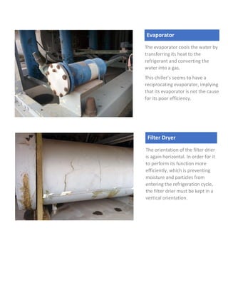 Filter Dryer
The orientation of the filter drier
is again horizontal. In order for it
to perform its function more
efficiently, which is preventing
moisture and particles from
entering the refrigeration cycle,
the filter drier must be kept in a
vertical orientation.
Evaporator
The evaporator cools the water by
transferring its heat to the
refrigerant and converting the
water into a gas.
This chiller’s seems to have a
reciprocating evaporator, implying
that its evaporator is not the cause
for its poor efficiency.
 