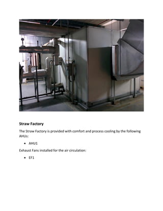 Straw Factory
The Straw Factory is provided with comfort and process cooling by the following
AHUs:
 AHU1
Exhaust Fans installed for the air circulation:
 EF1
 