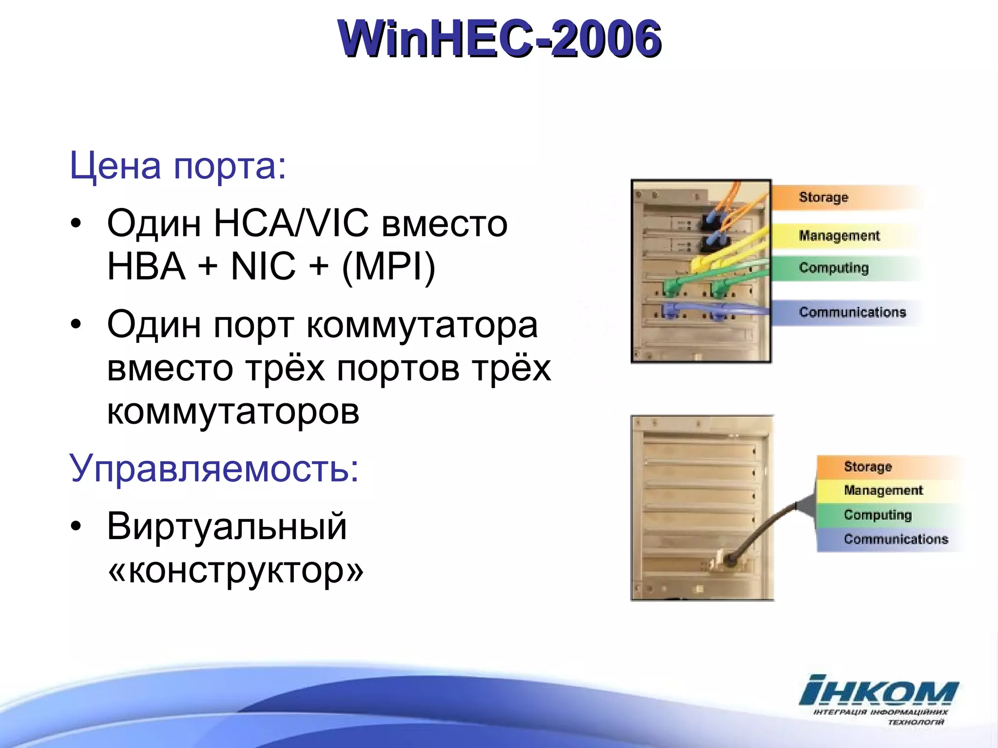 WinHEC-2006 Цена порта: Один  HCA/VIC  вместо  HBA + NIC + (MPI) Один порт коммутатора вместо трёх портов трёх коммутаторов Управляемость: Виртуальный «конструктор» 