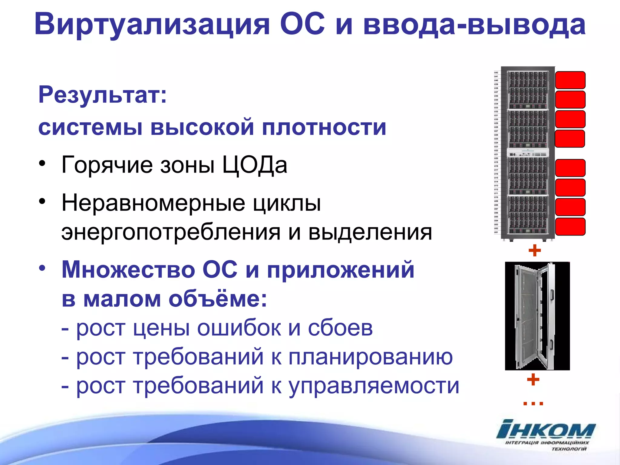 Виртуализация ОС   и ввода-вывода Результат:   системы высокой плотности Горячие зоны ЦОДа Неравномерные циклы энергопотребления   и выделения Множество ОС и приложений  в малом объёме: - рост цены ошибок и сбоев - рост требований к планированию - рост требований к управляемости + + … 