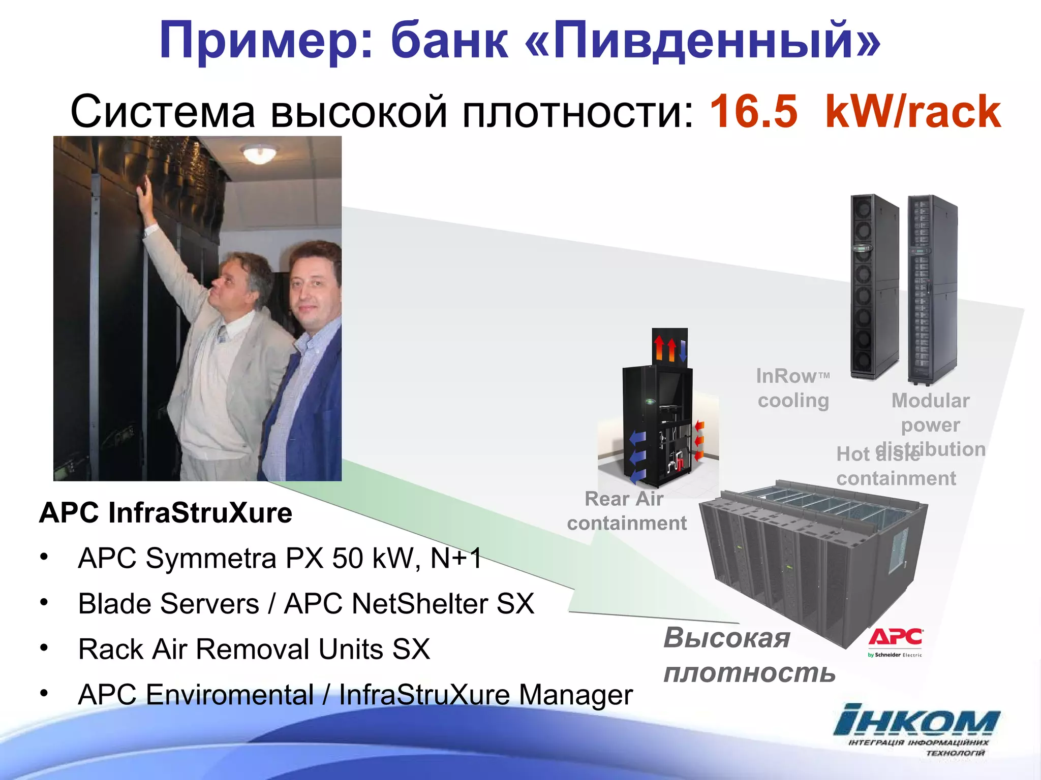 Пример: банк «Пивденный» InRow ™  cooling Высокая плотность Hot aisle  containment Modular power distribution Rear Air  containment Система высокой плотности:  1 6.5   kW/rack APC InfraStruXure APC Symmetra PX  50 kW, N+1 Blade Servers /  APC NetShelter SX Rack Air Remova l Units SX APC Enviromental / InfraStruXure Manager 