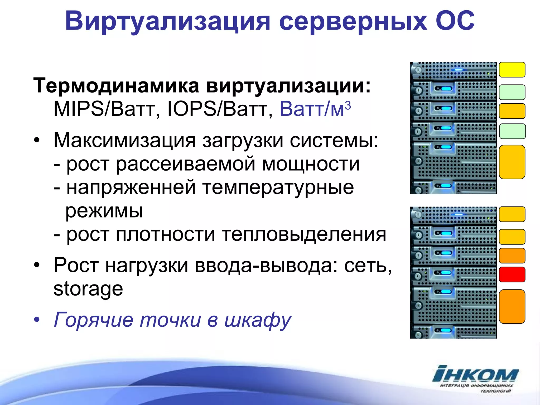 Виртуализация серверных ОС Термодинамика виртуализации:   MIPS/Ватт ,  IOPS/ Ватт,  Ватт/м 3 Максимизация загрузки системы:  - рост рассеиваемой мощности - напряженней температурные   режимы - рост плотности тепловыделения Рост нагрузки ввода-вывода: сеть,  storage Горячие точки в шкафу 