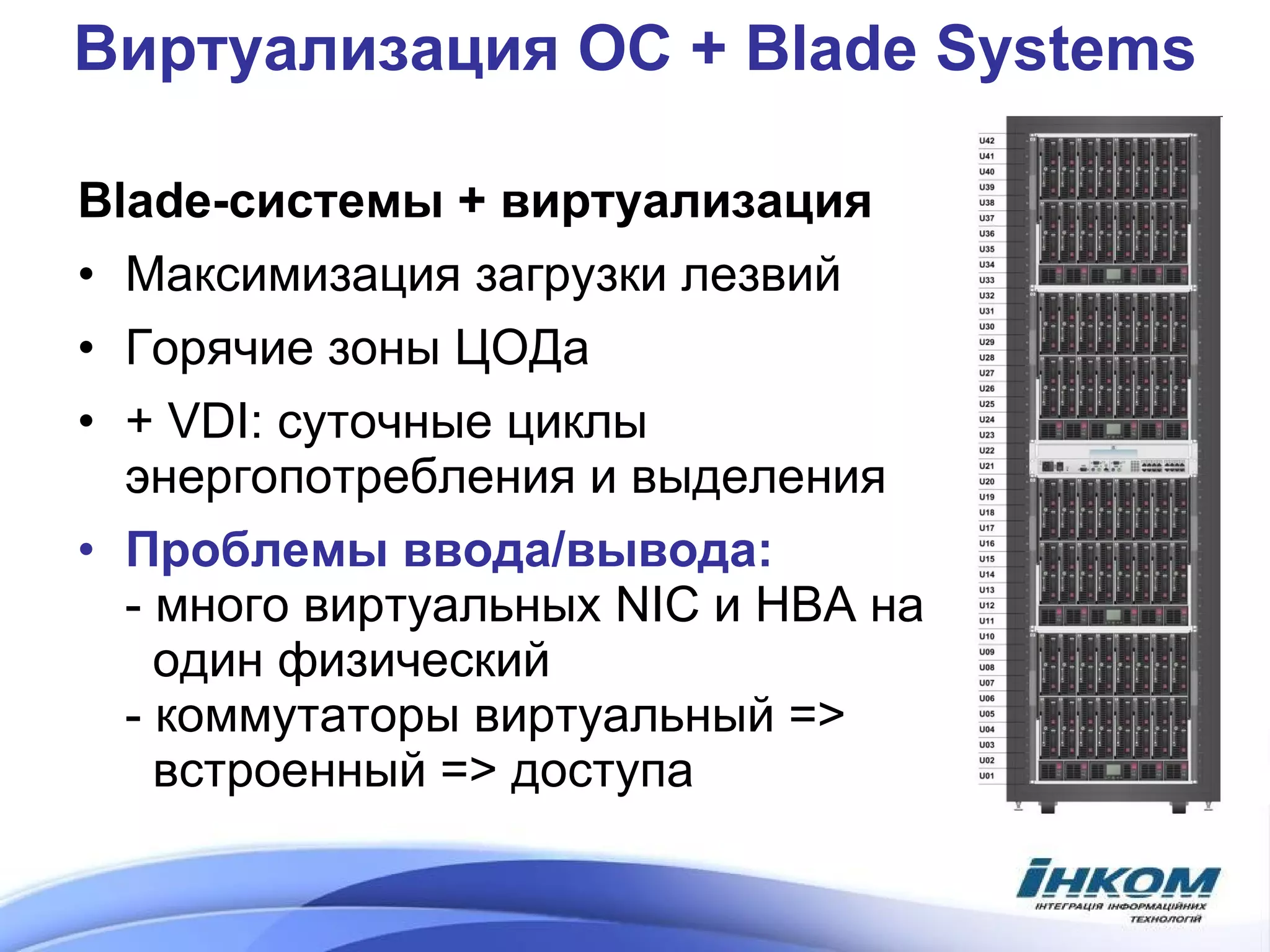 Виртуализация ОС  + Blade Systems Blade-системы + виртуализация Максимизация загрузки лезвий  Горячие зоны ЦОДа +  VDI: c уточные циклы энергопотребления   и выделения Проблемы ввода/вывода: -   много виртуальных  NIC  и HBA   на   один физический -  коммутаторы виртуальный  =>    встроенный = >  доступа 