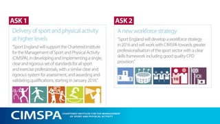 Divides the sector into five industries:
LEISURE
OPERATIONS
EXERCISE
AND FITNESS
PERFORMANCE SPORT
AND ADMINISTRATION
COMMUNITY
SPORT
PHYSICAL
ACTIVITY
Development of an occupational map for each
Professional Standards Matrix
 
