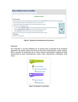  
  
Figura  9.    Ejemplo  de  orientaciones  de  la  semana.  
	
  
Materiales  
Son   materiales   o   recursos   facilitados   por   el   docente   para   el   abordaje   de   las   temáticas  
planteadas.  Se  pueden  utilizar  recursos  de  la  web  (como  presentaciones,  videos,  enlaces,  
REA)   o   pueden   ser   elaborados   por   el   mismo   docente   contemplando   múltiples   formatos  
(documentos   de   texto,   presentaciones,   videos,   sitios,   eXeLearning,   multimedias,   entre  
otros).  
  
Figura  10.  Ejemplo  de  materiales.  
  
  
 