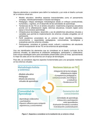  
Algunos  elementos  a  considerar  para  definir  la  mediación  y  por  ende  el  diseño  curricular  
de  un  entorno  virtual  son:    
•   Modelo   educativo:   identifica   aspectos   trascendentales   como   el   pensamiento  
complejo,  interdisciplinariedad  e  inclusión  tecnológica.    
•   Pedagogía:   integra   estrategias   metodológicas   desde   un   enfoque   constructivista,  
humanista  y    cognitivo,  en  el  desarrollo  de  las  actividades  de  aprendizaje.  
•   Tendencias  de  las  TIC  en  el  ámbito  educativo:  implementa  programas  educativos  
acorde   con   la   alfabetización   digital,   reformas   educativas,   inclusión   digital   como  
apoyo  a  los  procesos  aprendizaje.  
•   Infraestructura  tecnológica:  desarrollo  y  uso  de  plataformas  educativas  robustas  y  
versátiles   que   permita   la   implementación   de   entornos   virtuales   amigables   con   el  
participante.  
•   Perfil   académico   universitario   de   un   entorno   virtual:   identifica   habilidades,  
conocimientos   y   capacidades   pedagógicas,   comunicativas,   tecnológicas   y  
evaluativas  para  los  entornos  virtuales.  
•   Participantes:   considera   el   contexto   social,   cultural   y   económico   del   estudiante  
para  la  incorporación  de  las  TIC  en  los  entornos  de  aprendizaje.  
  
Una   vez   identificados   los   elementos   que   se   consideran   en   el   diseño   curricular   de   los  
entornos   virtuales,   se   determina   la   mediación   pedagógica,   participativa   y   colaborativa.  
Esta  incluye  estrategias  tanto  para  actividades  presenciales  como  en  línea,  aprovechando  
lo  mejor  de  cada  una  en  los  entornos  con  el  apoyo  de  tecnologías.    
Para  ello,  se  consideran  algunos  aspectos  fundamentales  para  una  apropiada  mediación  
en  los  entornos  virtuales:  
  
  
Figura  1.  Aspectos  a  considerar  en  la  mediación  de  un  entorno  virtual.    
 
