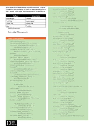 janeiro
2014
10
Listagem 01: Código da Atividade.
versão bem atualizada) é que na região direita inferior temos as “Properties”
(Propriedades) dos componentes, facilitando no desenvolvimento. Continu-
ando o exemplo, iremos colocar alguns componentes na tela, Ver Tabela 04.
Palheta Componente
Forms Widgets Textview
Text Fields Autocomplete
Time & Date Digital Clock
Other TextClock
Tabela 04: Componentes.
Abaixo o código XML correspondente:
<RelativeLayout
xmlns:android=”http://schemas.
android.com/apk/res/android”
xmlns:tools=”http://
schemas.android.com/tools”
android:layout_width=”match_
parent”
android:layout_
height=”match_parent”
android:paddingBottom=”@
dimen/activity_vertical_margin”
android:paddingLeft=”@
dimen/activity_horizontal_
margin”
android:paddingRight=”@
dimen/activity_horizontal_
margin”
android:paddingTop=”@dimen/
activity_vertical_margin”
tools:context=”.
MainActivity” >
<TextView
android:id=”@+id/
textView1”
android:layout_
width=”wrap_content”
android:layout_
height=”wrap_content”
android:text=”@string/
hello_world” />
<AutoCompleteTextView
android:id=”@+id/
autoCompleteTextView1”
android:layout_
width=”wrap_content”
android:layout_
height=”wrap_content”
android:layout_
alignParentLeft=”true”
android:layout_
below=”@+id/textView1”
android:layout_
marginTop=”16dp”
android:ems=”10”
android:text=”AutoCompl
eteTextView” >
<requestFocus />
</AutoCompleteTextView>
<requestFocus
android:layout_
alignRight=”@+id/
autoCompleteTextView1”
android:layout_
below=”@+id/
autoCompleteTextView1”
android:layout_
marginRight=”36dp”
android:layout_
marginTop=”16dp” />
<DigitalClock
android:id=”@+id/
digitalClock1”
android:layout_
width=”wrap_content”
android:layout_
height=”wrap_content”
android:layout_
alignLeft=”@+id/
autoCompleteTextView1”
android:layout_
below=”@+id/
autoCompleteTextView1”
android:layout_
marginTop=”31dp”
android:text=”DigitalClock” />
<TextClock
android:id=”@+id/
textClock1”
android:layout_
width=”wrap_content”
android:layout_
height=”wrap_content”
android:layout_
alignLeft=”@+id/digitalClock1”
android:layout_
below=”@+id/digitalClock1”
android:layout_
marginTop=”28dp”
android:text=”TextClock”
/>
 