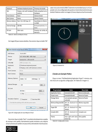 janeiro
2014
08
Keyboard Hardware keyboard present Presença de teclado
Skin Display a skin with hardware
controls
Estilocompatívelcomo
Hardware
Front Câmera None Câmera frontal
Back Camera Nome Câmera Traseira
Memory Options Ram: 512, VM Heap: 32 Quantidade de Memó-
ria RAM
Internal Storage 200 Mb Armazenamento In-
terno
SD Card Valor vazio Presença de Cartão de
Memória
Tabela 01: Valores da Máquina Virtual.
VerImagem09paramaioresdetalhes.Paraconcluircliquenobotão“OK”.
Figura 09: Configurações de nossa Máquina Virtual.
Parainiciarcliquenobotão“Start”enapróximateladeixaremosasopções
de arranque como padrão. Normalmente quando emulamos uma máquina
virtualoprocessoporpadrãoéumpoucolento,demandandomuitodoproces-
sadoredousodamemóriaRAM.ÉaltamenterecomendávelpossuirumCom-
putadorcomumaconfiguraçãoaltaquandosetratadedesenvolvimentopara
Android.PodemosconferirnaImagem10nossamáquinavirtualfuncionando.
Figura 10: Android 4.4.
Criando um Exemplo Prático
Clique no menu “File/New/Android Application Project” e teremos uma
tela inicial com as seguintes configurações. Ver Tabela 02 e Imagem 11.
Propriedade Valor Descrição
Application Name ExemploAndroid4 Nome da Aplicação
Project name ExemploAndroid4 Nome do Projeto
Package Name com.example.exemplo-
android4
Nome do Pacote
MinimumRequiredSDK API 19: Android 4.4
(KitKat)
Mínimo requerido
Target SDK API 19: Android 4.4
(KitKat)
Alvo
Compile With API 19: Android 4.4
(KitKat)
Compilar com
Theme Holo Light with Dark
Action Bar
Tema padrão
Tabela 02: Configurações Iniciais.
 
