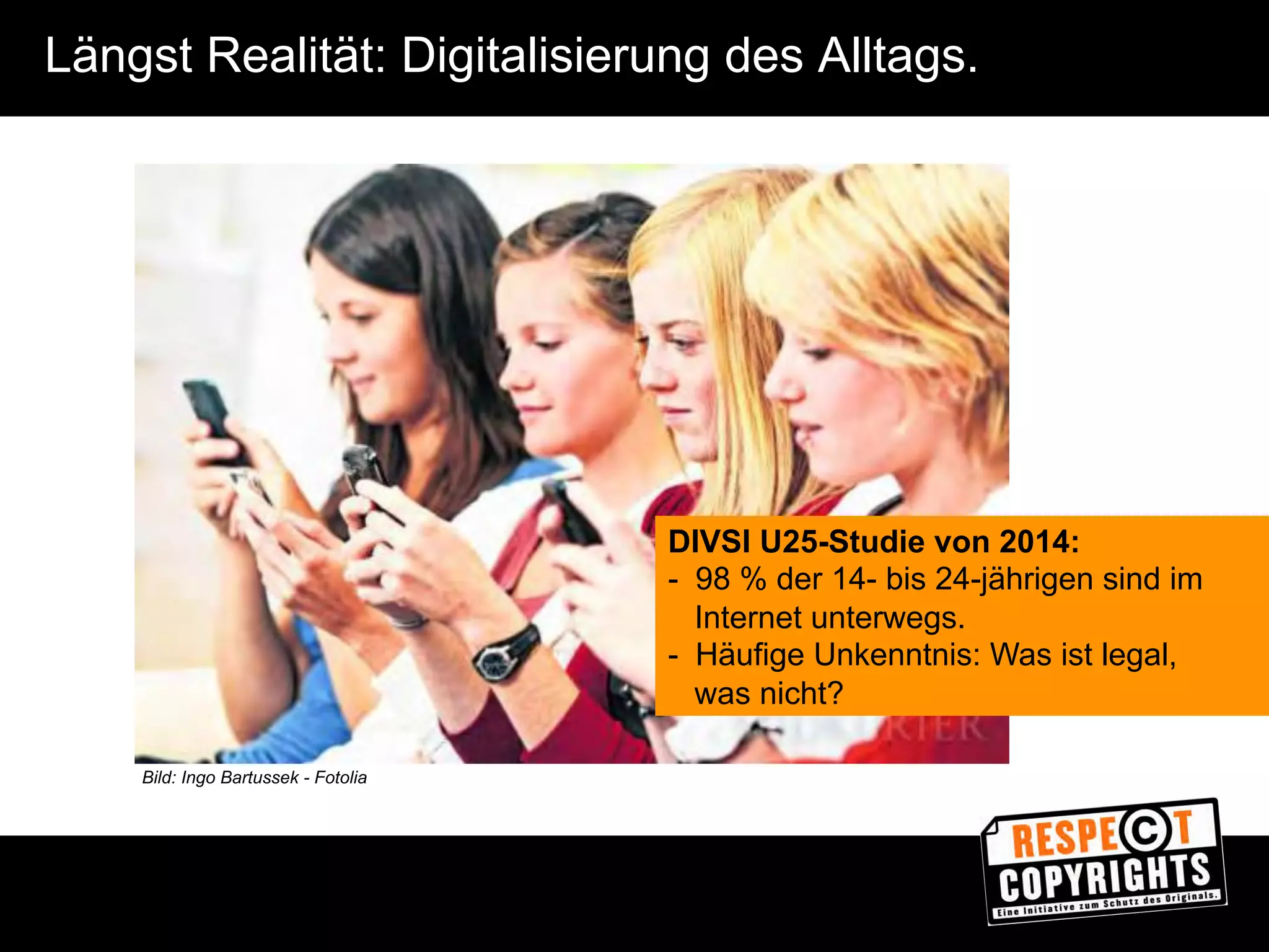 Zur Anzeige wird der QuickTime™ 
Dekompressor „TIFF (Unkomprimiert)“ 
benötigt. 
Agenda. 
■ Brauchen wir den medienpädagogischen Diskurs zum UrhR? 
■ Wie erreichen wir Jugendliche zum UrhR? 
■ Die Angebote von RESPE©T COPYRIGHTS 
 