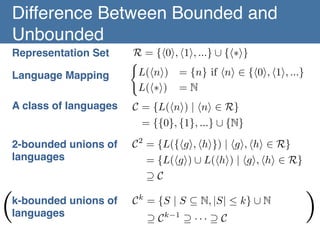 Difference Between Bounded and
Unbounded	
Representation Set	
Language Mapping	

R = {h0i, h1i, ...} [ {h⇤i}
(
L(hni) = {n} if hni 2 {h0i, h1i, ...}
L(h⇤i) = N

A class of languages	
 C = {L(hni) | hni 2 R}
= {{0}, {1}, ...} [ {N}
2-bounded unions of
languages	

C 2 = {L({hgi, hhi}) | hgi, hhi 2 R}

= {L(hgi) [ L(hhi) | hgi, hhi 2 R}

◆C

(

k-bounded unions of
languages	

C k = {S | S ✓ N, |S|  k} [ N
◆C

k 1

◆ ··· ◆ C

)

 