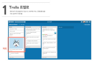 Trello 트렐로
현재 내가 무슨일을 하고 있는지, 프로젝트 이슈, 진행상황 등을
서로 공유하기 위한 툴1
카드
 