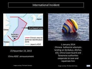 International Incident

23 November 23, 2013

China ADIZ announcement

Image courtesy: The Asahi Shimbun

1 January 2014
Chinese balloonist attempts
landing on Senkakus, ditches.
JCG, China Coast Guard and
Taiwanese authorities
cooperate to save and
repatriate him
Image courtesy: The New York Times

 