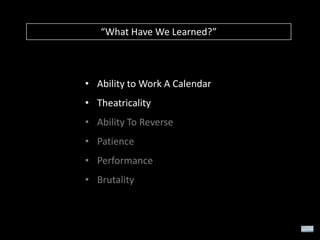 “What Have We Learned?”

• Ability to Work A Calendar
• Theatricality
• Ability To Reverse
• Patience
• Performance
• Brutality

 