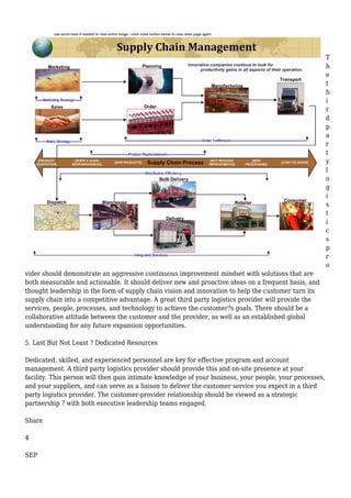 T
h
e
t
h
i
r
d
p
a
r
t
y
l
o
g
i
s
t
i
c
s
p
r
o
vider should demonstrate an aggressive continuous improvement mindset with solutions that are
both measurable and actionable. It should deliver new and proactive ideas on a frequent basis, and
thought leadership in the form of supply chain vision and innovation to help the customer turn its
supply chain into a competitive advantage. A great third party logistics provider will provide the
services, people, processes, and technology to achieve the customer?s goals. There should be a
collaborative attitude between the customer and the provider, as well as an established global
understanding for any future expansion opportunities.
5. Last But Not Least ? Dedicated Resources
Dedicated, skilled, and experienced personnel are key for effective program and account
management. A third party logistics provider should provide this and on-site presence at your
facility. This person will then gain intimate knowledge of your business, your people, your processes,
and your suppliers, and can serve as a liaison to deliver the customer service you expect in a third
party logistics provider. The customer-provider relationship should be viewed as a strategic
partnership ? with both executive leadership teams engaged.
Share
4
SEP
 
