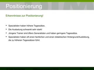 Positionierung
Erkenntnisse zur Positionierung!

 Spezialisten haben höhere Tagessätze.
 Die Auslastung schwankt sehr stark!
 Jüngere Trainer sind öfters Generalisten und haben geringere Tagessätze.
 Spezialisten haben oft einen fachlichen und einen didaktischen Hintergrund/Ausbildung,
die zu höheren Tagessätzen führt.

 