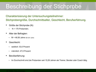 Beschreibung der Stichprobe
Charakterisierung der Untersuchungsteilnehmer:
Stichprobengröße, Durchschnittsalter, Geschlecht, Berufserfahrung.


Größe der Stichprobe (N):
–



N = 170 Probanden.

Alter der Befragten:
– M = 48,56 Jahre SD 8,61 Jahre



Geschlecht:
– weiblich: 53,0 Prozent
– männlich: 47,0 Prozent



Berufserfahrung:
– Im Durchschnitt sind die Probanden seit 15,59 Jahren als Trainer, Berater oder Coach tätig.

 