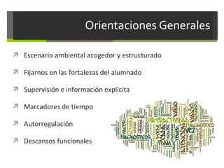  Escenario ambiental acogedor y estructurado
 Fijarnos en las fortalezas del alumnado
 Supervisión e información explícita
 Marcadores de tiempo
 Autorregulación
 Descansos funcionales

 