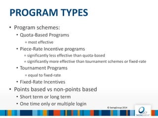 1. RESULTS-ORIENTED STRATEGY
• Thorough analysis of
o Strategic goal(s) & objectives
o Target group(s)
o Corporate culture
o Previous campaigns, etc.
• Translation into
o Targets based on the organisation’s strategic goals
o Inspiring incentive & reward offer
o Smart communication activation strategy
o Chrystal-clear Incentive Programme rules
© SwingGroup 2016
 