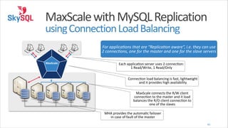 MaxScale	
  with	
  MySQL	
  Replication 
using	
  Connection	
  Load	
  Balancing

For	
  applicaLons	
  that	
  are	
  “ReplicaLon	
  aware”,	
  i.e.	
  they	
  can	
  use	
  
2	
  connecLons,	
  one	
  for	
  the	
  master	
  and	
  one	
  for	
  the	
  slave	
  servers
MaxScale

Each	
  applicaeon	
  server	
  uses	
  2	
  conneceon: 
1	
  Read/Write,	
  1	
  Read/Only
Conneceon	
  load	
  balancing	
  is	
  fast,	
  lightweight	
  
and	
  it	
  provides	
  high	
  availability

Database

Database

Database

Database

Database

MaxScale	
  connects	
  the	
  R/W	
  client	
  
conneceon	
  to	
  the	
  master	
  and	
  it	
  load	
  
balances	
  the	
  R/O	
  client	
  conneceon	
  to	
  
one	
  of	
  the	
  slaves
MHA	
  provides	
  the	
  automaec	
  failover	
  
in	
  case	
  of	
  fault	
  of	
  the	
  master
45

 