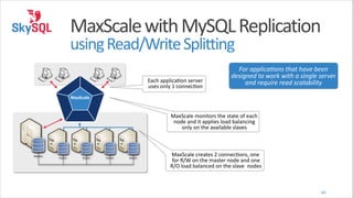 MaxScale	
  with	
  MySQL	
  Replication 
using	
  Read/Write	
  Splitting
Each	
  applicaeon	
  server	
  
uses	
  only	
  1	
  conneceon

For	
  applicaLons	
  that	
  have	
  been	
  
designed	
  to	
  work	
  with	
  a	
  single	
  server	
  
and	
  require	
  read	
  scalability

MaxScale

MaxScale	
  monitors	
  the	
  state	
  of	
  each	
  
node	
  and	
  it	
  applies	
  load	
  balancing	
  
only	
  on	
  the	
  available	
  slaves

Database

Database

Database

Database

Database

MaxScale	
  creates	
  2	
  conneceons,	
  one	
  
for	
  R/W	
  on	
  the	
  master	
  node	
  and	
  one	
  
R/O	
  load	
  balanced	
  on	
  the	
  slave	
  	
  nodes

49

 