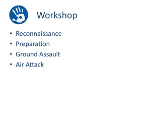 Workshop
•
•
•
•

Reconnaissance
Preparation
Ground Assault
Air Attack

 